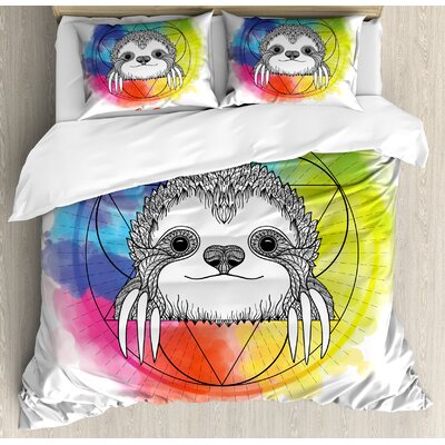 Humor Rainbow Colored Backdrop Image with Sketchy Happy Smiling Cartoon Sloth Art Duvet Cover Set -  East Urban Home, ETHG9202 45302396