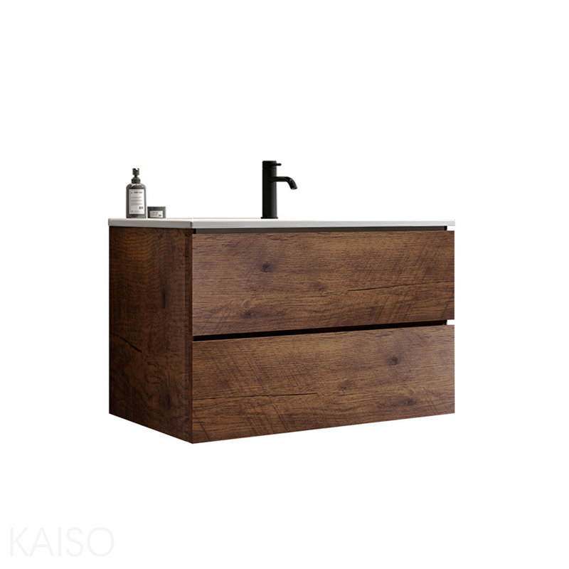 Meuble-lavabo mural de 30 po en noyer avec lavabo en céramique à un trou, grand meuble-lavabo flottant pour salle de bain moderne, lavabo une pièce sans drain, pré-assemblé