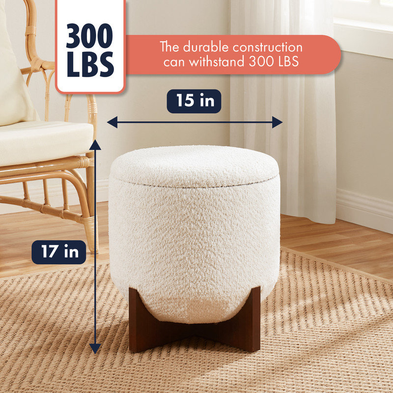 Round Boucle Storage Ottoman, Cream