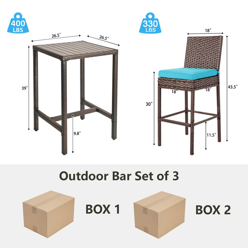 Outdoor Bar Set For Patio 3Pcs Outdoor Bar Table And Chairs Set All Weather Bar Height High Top Outdoor Table And Chairs Wicker Bar Stools Set Of 2 Tall Patio Table For Outside Balcony Brown (Blue)