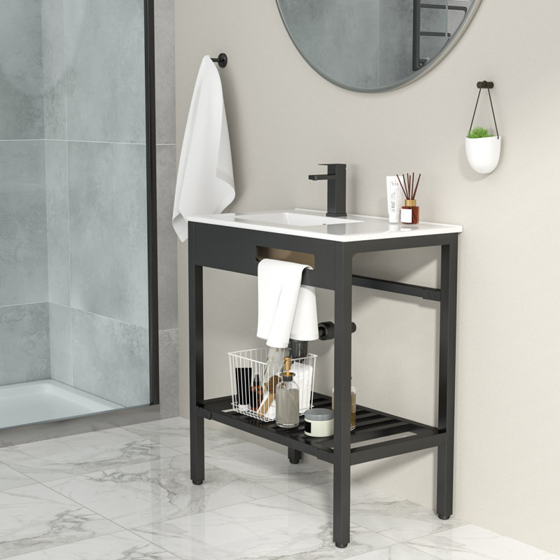 Évier de service 32 "x 18,5" en céramique en porcelaine avec cadre en acier inoxydable noir et tablette à serviettes