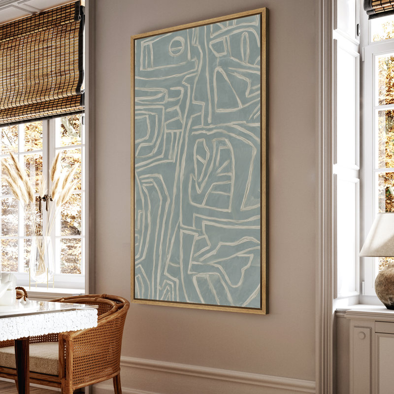 Light Blue Geometric Patterned Abstract - Large Framed Canvas Master Bedroom Wall Art Print, 60" H x 30" W x 1.5" D, Natural