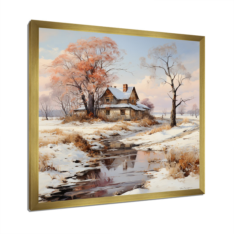 «Country Road Charm In Winter I», reproduction sur toile, Cadre doré simple, H 24 po x l 24 po x P 1 po
