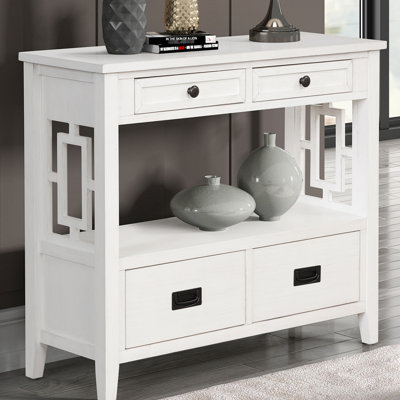 Console Style en blanc antique. 4 tiroirs et 1 tablette. Bois massif. Pour le salon, la chambre à coucher, le couloir. Espace de rangement spacieux avec espace en pin