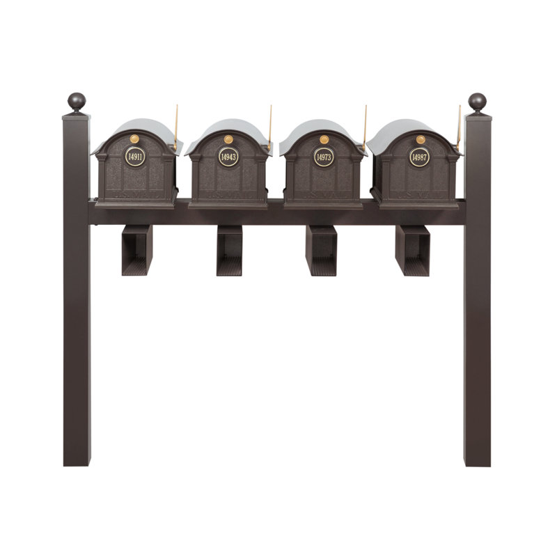 Balmoral Quad Mount Mailbox /w/ Ball Finials, Personalized Door Medallion, Newspaper Box (4 Mailboxes, Posts, 4 Newspaper Boxes, 4 Medallions)