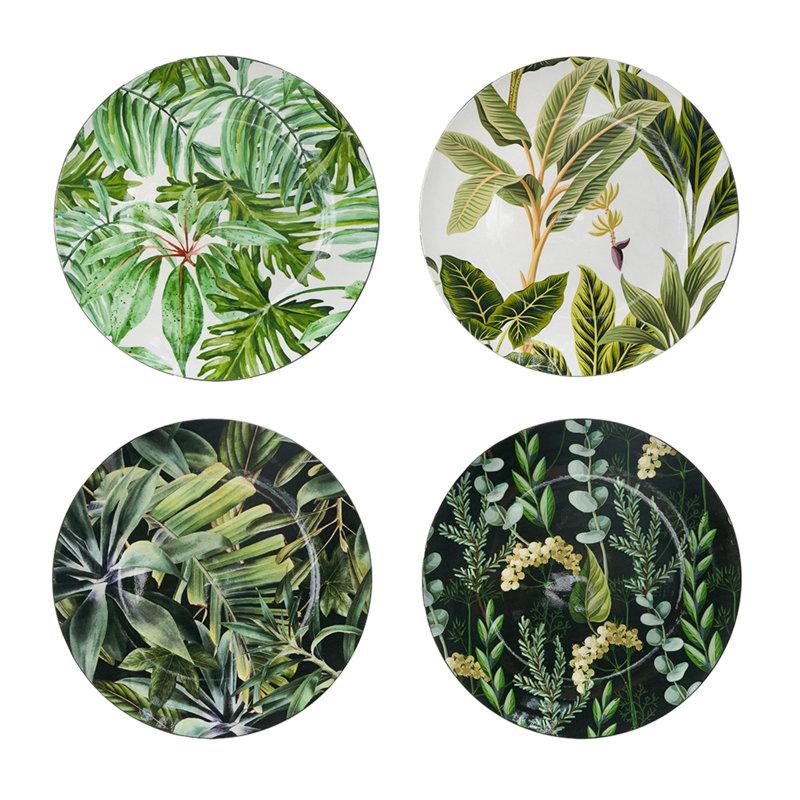 Ensemble de 4 assiettes décoratives Linda, motif de feuillage, vert-noir 13 po