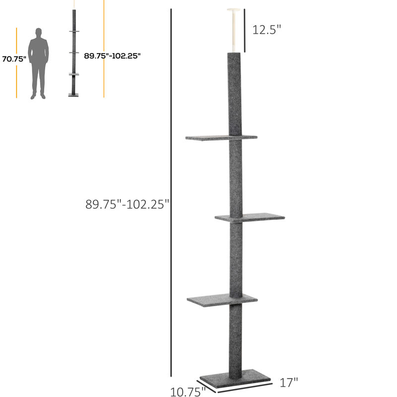Grimpeur de plancher-plafond pour chat, tour grise réglable de 8,5 pi de hauteur avec plateformes et grattoir pour chaton, structure d'escalade amusante, poteaux pour chatons confortables
