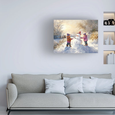 Wrapped Canvas Wall Art - Imagine It Images 'Building a Snowman in Morning Light' Wall Art for Living Room, Bedroom, or Office Décor  - 35x47