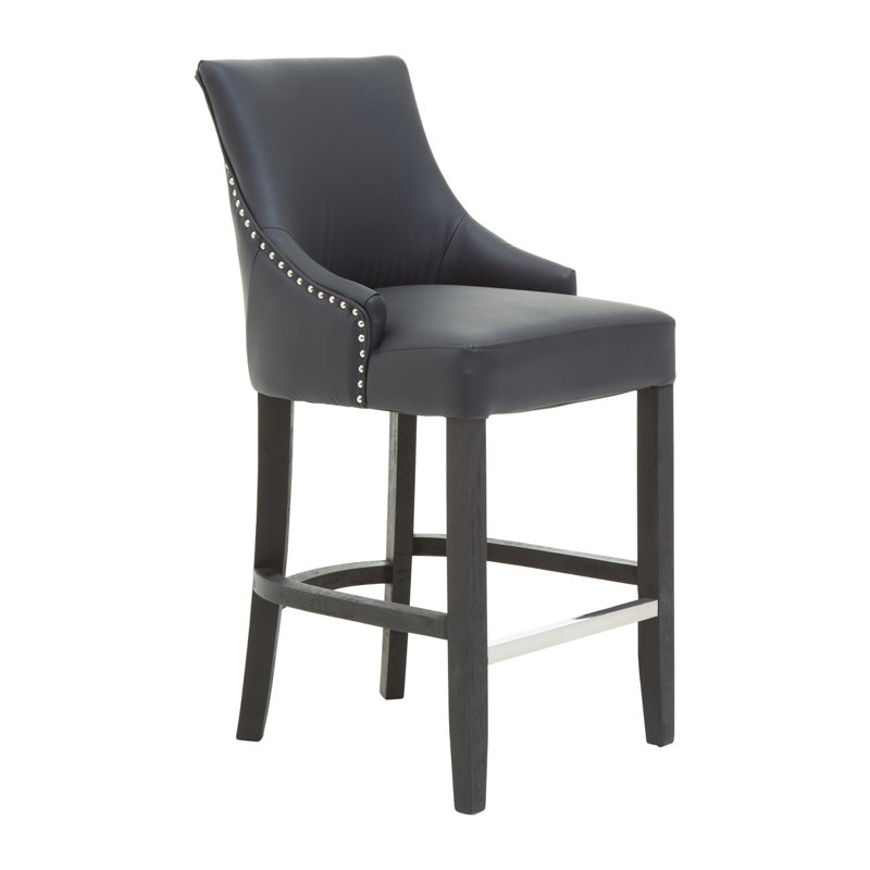 Esma Upholstered Bar Stool with Solid Wood Frame, Black, Black