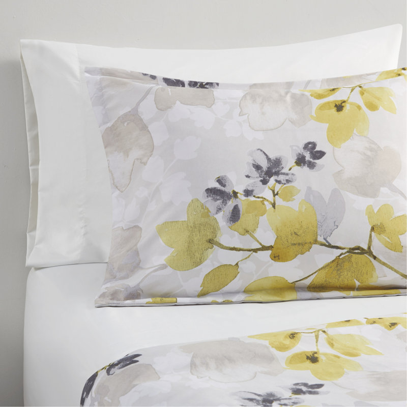 Édredon double jaune avec feuilles à poches latérales - Tissu et drap gris, Édredon lit double + 8 pièces incluses