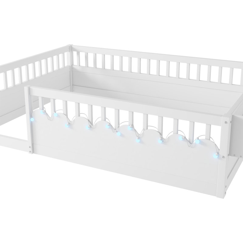 Structure de lit double Montessori avec rails hauts, lits en bois pour enfants avec éclairage et tablette de rangement, Blanc