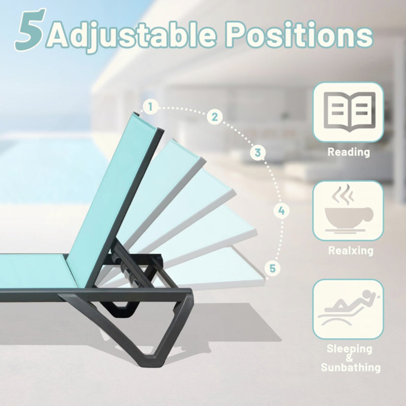 Patio Chaise Lounge Outdoor Aluminum Polypropylene Chair With Adjustable Backrest, Poolside Sunbathing Chair For Beach,Yard,Balcony (2 Lounge Chairs)
