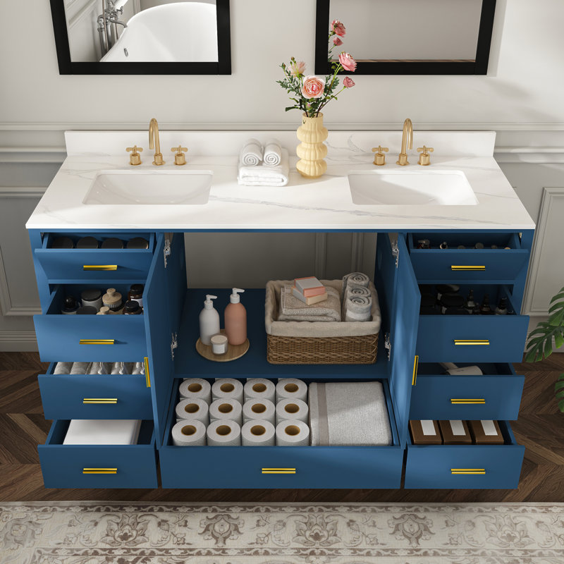 Meuble-lavabo 60 po en bois massif avec 2 lavabos, comptoir en quartz 61 po avec 6 trous de robinet pré-percés, 2 portes doubles à fermeture douce, 7 tiroirs et 2 petits compartiments de rangement rabattables