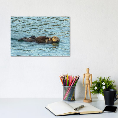Usa, California, San Luis Obispo County. Sea Otter Mom And Pup. 1 Piece Wrapped Canvas Painting