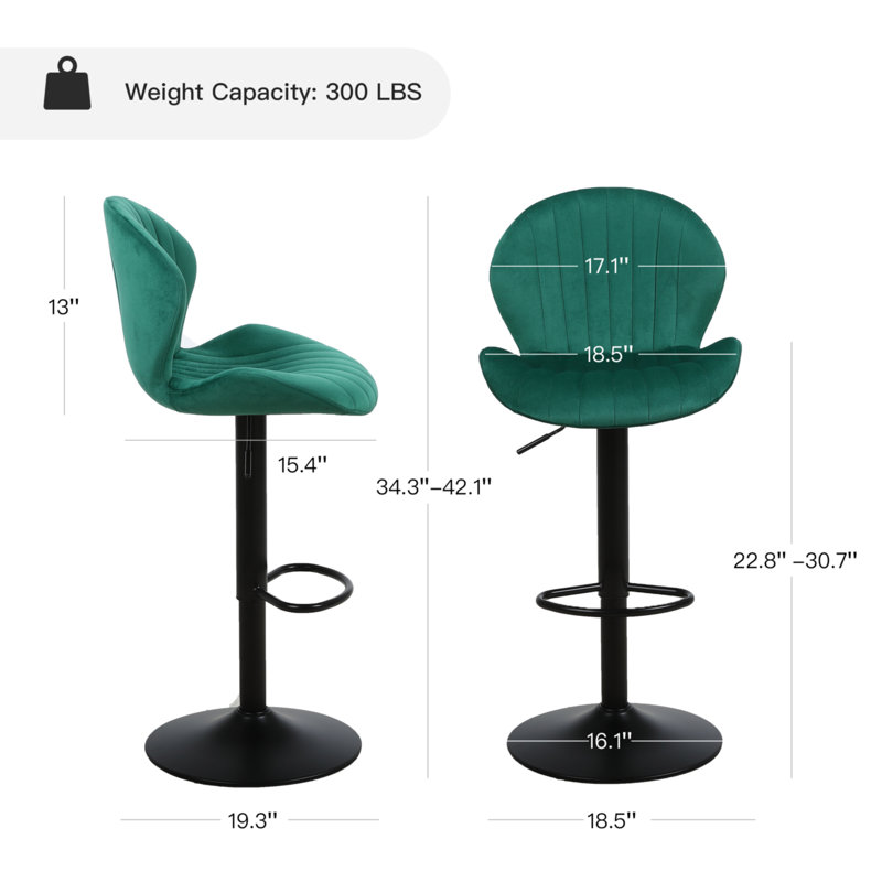 Lucah Swivel Adjustable Height Velvet Bar Stool with Shell Back, 2, Green