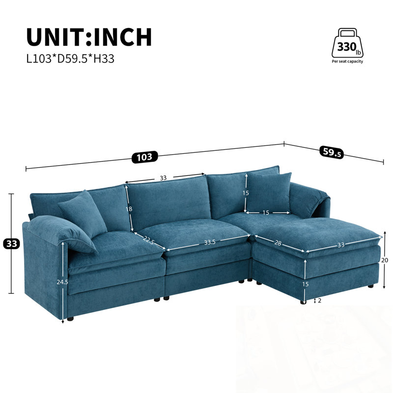 Canapé modulaire en L en chenille avec repose-pieds mobile et siège large, Chenille bleu