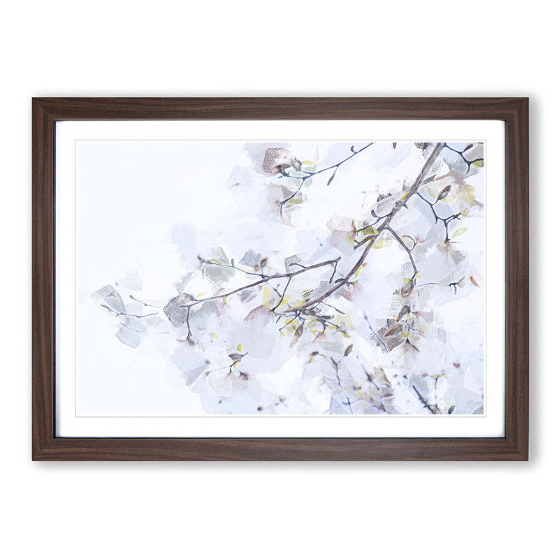 Branch of a White Magnolia Tree in Abstract - Picture Frame Painting Print on MDF, 36cm H x 48cm W x 2cm D, Walnut Framed