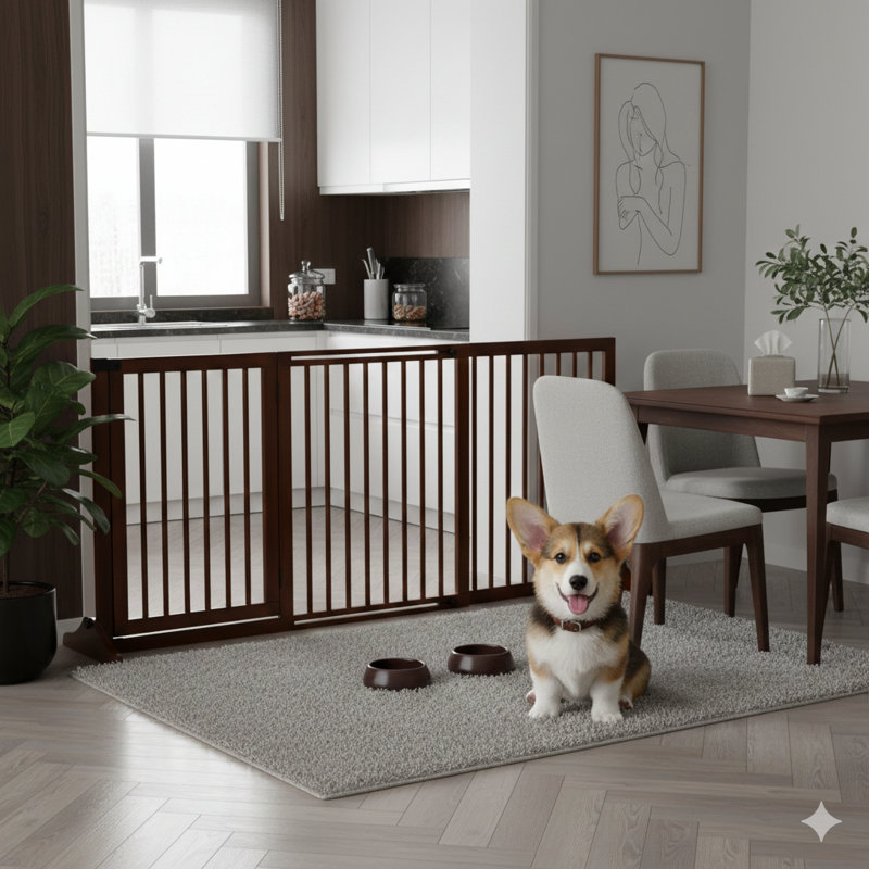 Barrière pour animaux réglable en bois, clôture pour chien autoportante pour porte, couloir, 3 panneaux avec barrière de sécurité, porte verrouillable, brun, L 44,5 po à 65,25 po x H 14,25 po
