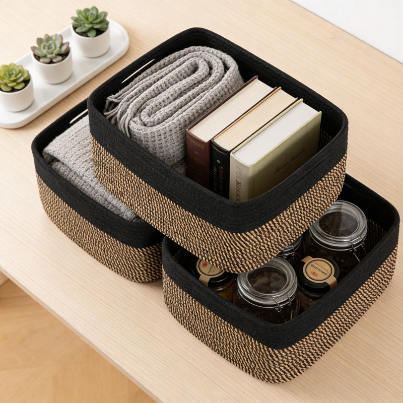 Woven Storage Baskets 3-Pack, Foldable Organizer Bins For Shelves, Closet, Nursery, And Toy Storage, Handmade From Soft Natural Cotton Rope
