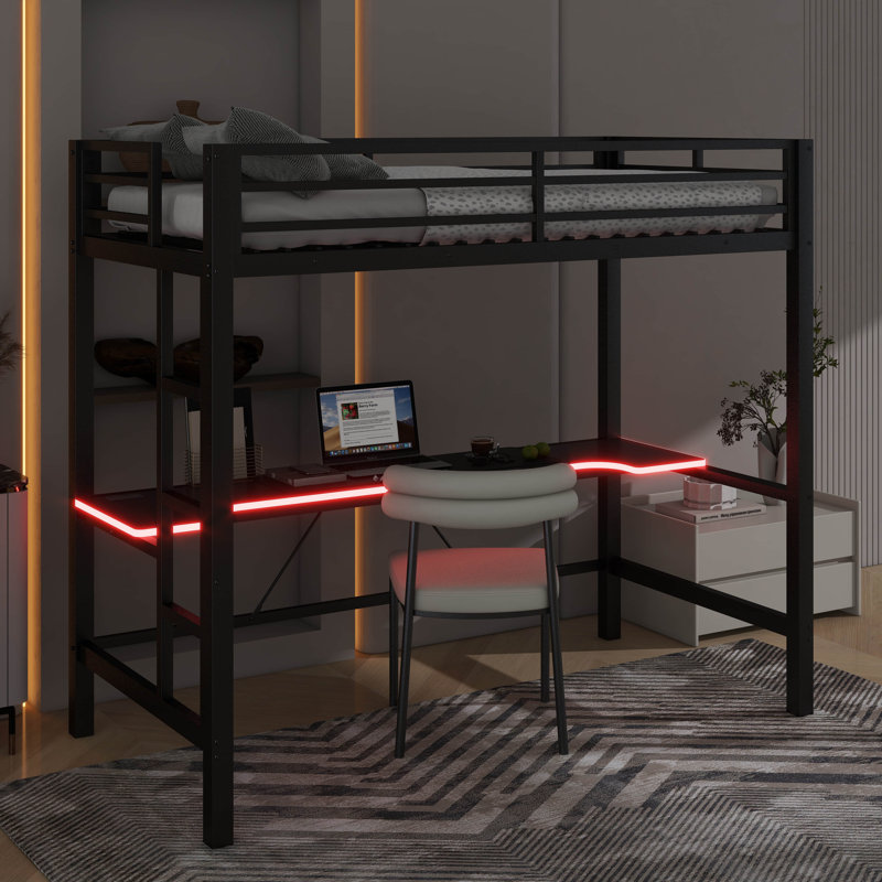 Structure de lit mezzanine en métal avec bureau et lumière DEL Gaming, Lit simple, Black