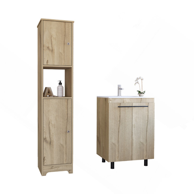 Ensemble de salle de bain 2 pièces, armoire à linge Yaka + meuble-lavabo autoportant Dustin, chêne clair