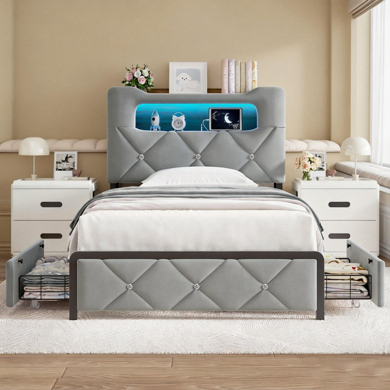 Twin Size Upholstered Bed with RGB LED Lights, Charging Station, Side Shelves & 2 Drawers, Gray, Twin
