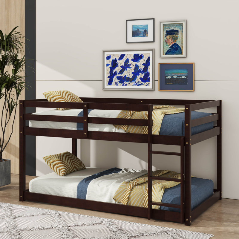 Rubber Wood Twin On Twin Ground Bunk Bed Equipped With Ladder, Espresso