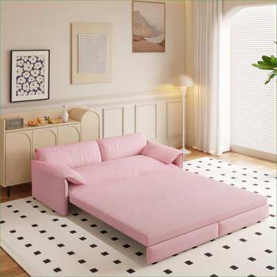 Sofas Couches | 66" Queen 3-in-1 Convertible Pull Out Sleeper Sofa with Side Storage, for Living Room Apartment Office | Velvet | Pink