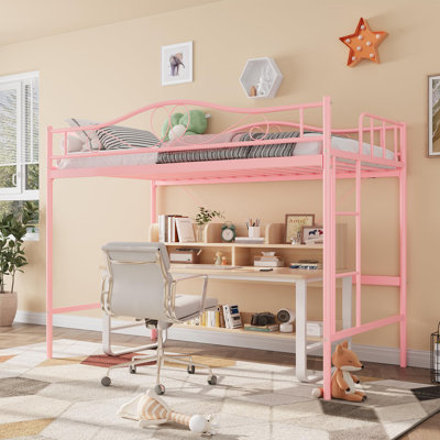 Structure de lit mezzanine simple peu encombrante - métal robuste, capacité de 400 lb, échelle amovible, barrière de sécurité pleine longueur, sans bruit, aucun sommier requis, assemblage facile, rose