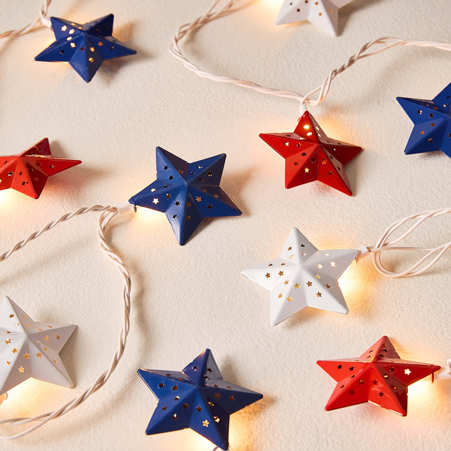 Red, white, and blue star-shaped string lights