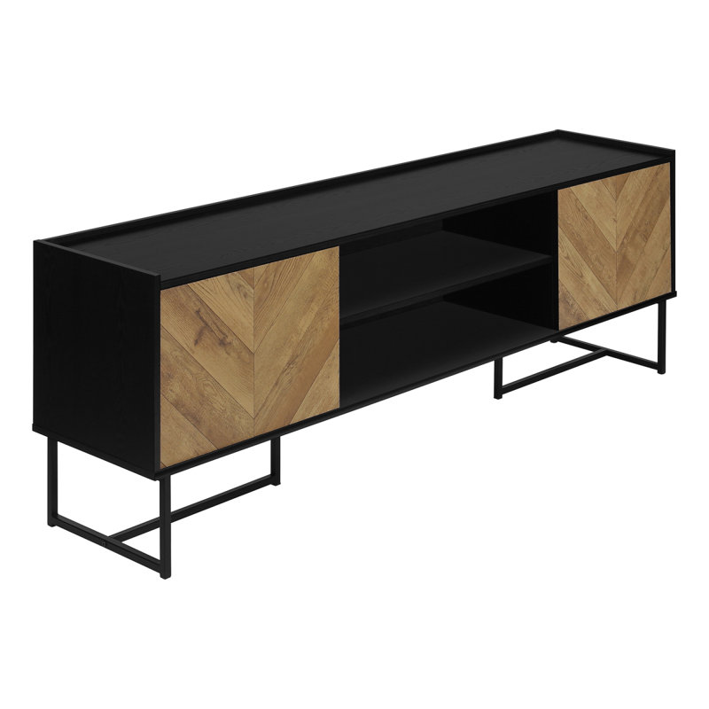 Meuble télé, meuble multimédia avec armoire de rangement, stratifié brun et noir avec métal noir