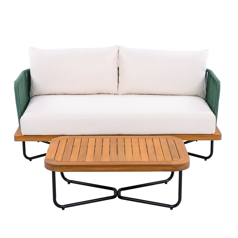 Louie Outdoor Acacia Wood Rope Woven Conversation Set, Beige, Green Rope/Teak