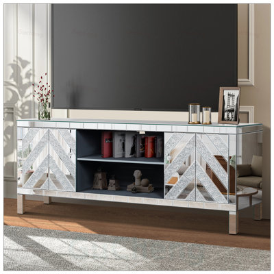 Meuble télé en miroir pour téléviseurs de 65 pouces et plus, console argentée avec tablettes ouvertes et portes miroir scintillantes pour le salon