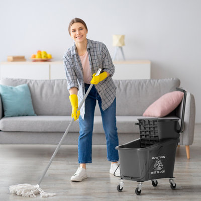 Mop Bucket with Wringer on Wheels for Floor Cleaning, 38 Quart Down Press Wringer with Handle and Mop