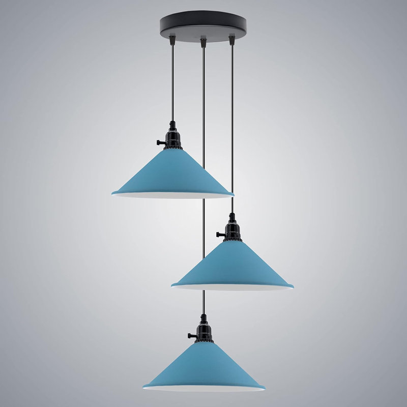 3-Light Cone Pendant Light – Industrial Kitchen Island Ceiling Fixture with Adjustable Height & E27 Bulbs, Blue, Yes