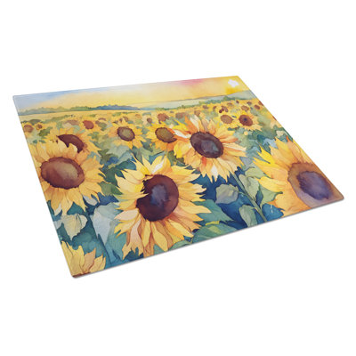 Kansas Sunflowers in Watercolor Glass Cutting Board Large