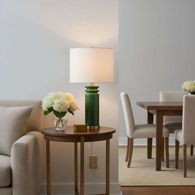 Ellen Degeneres Feikudo 1 Light Bedroom Home Office Living Room Lamp In Glossy Finish With Linen Shade, Green