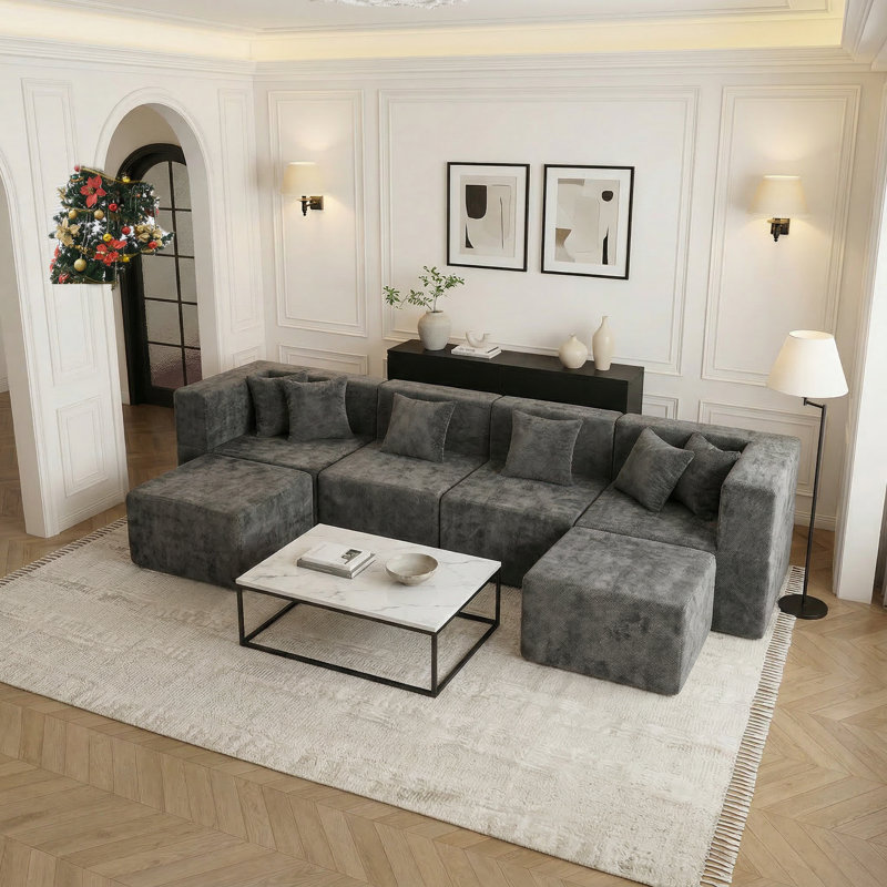 Canapé modulaire en U 129 po avec 2 repose-pieds Modern Minimalist, aucun assemblage requis, Gris chenille