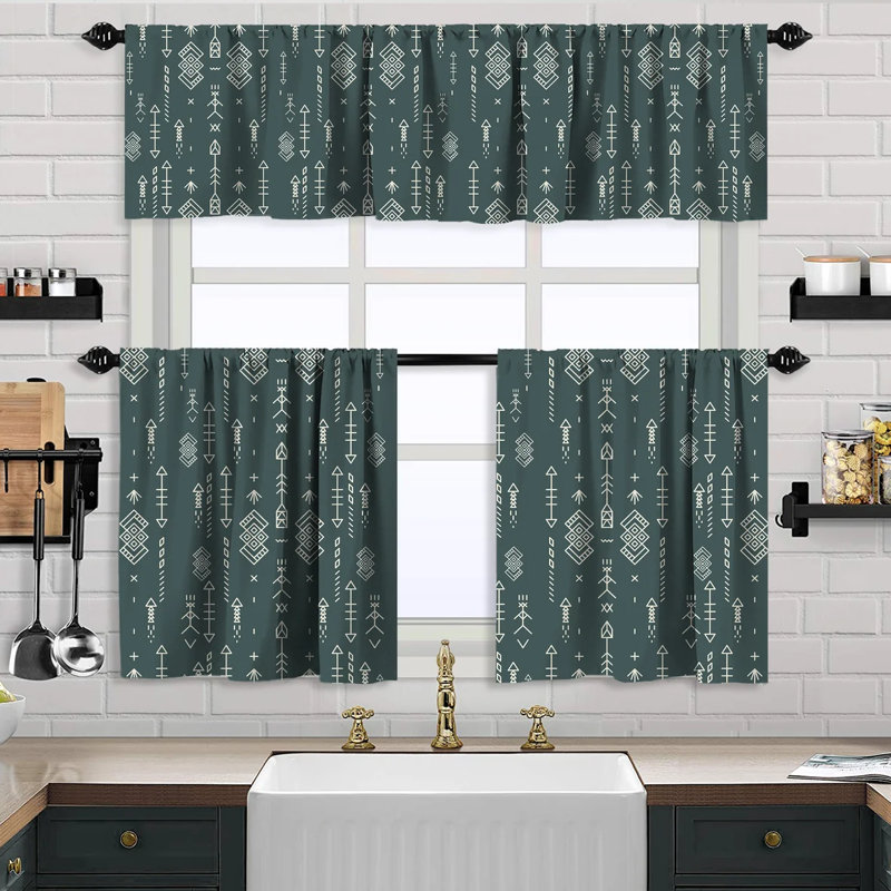 Ensemble de rideau de cantonnière de cuisine 1 pièce Aztec, Vert foncé, L 24 po x L 36 po