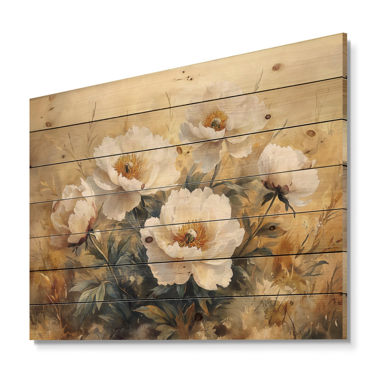 Pivoines dans la prairie de montagne I - reproduction de bois de pivoines - sur bois de pin naturel