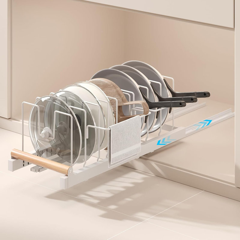 Organisateur de casseroles et de poêles escamotables pour sous-armoire avec profondeur extensible, séparateurs réglables et conception coulissante lisse