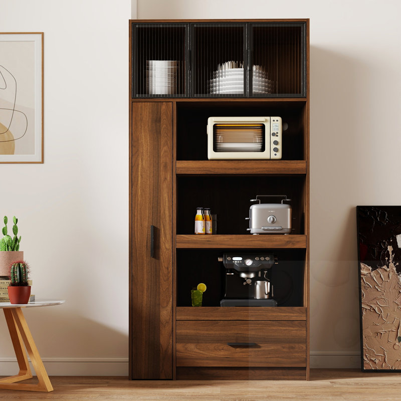 Armoire de cuisine de 70,87 po de hauteur avec tablette de rangement coulissante multifonctionnelle à plusieurs niveaux, tiroirs avec porte vitrée, cloche à nourriture autoportante avec support à micro-ondes pour salle à manger
