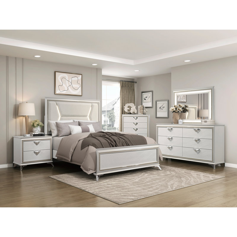1Pc Modern Luxury Queen Bed Upholstered Headboard With LED Lighting Wooden Bedroom Furniture Antique White Finish And Gold