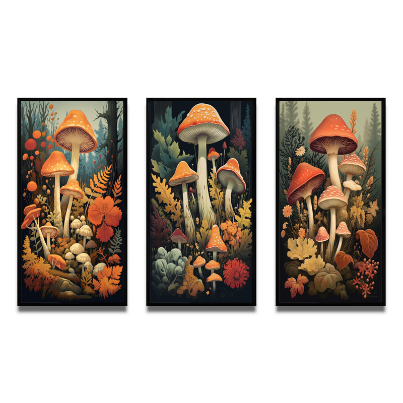 «Autumn Mushroom In Forest Vintage Illustration», 3 pièces sur toile, Cadre flottant noir, H 28 po x l 36 po