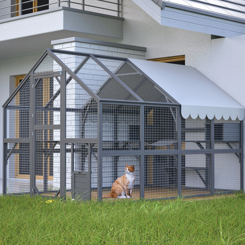 Enceinte d'extérieur pour chat 28Ft - Luxe en bois avec 2 portes, parc, cachettes. Grandes maisons grises, ponts
