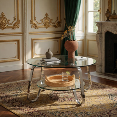 Table basse en verre trempé à double couche de style rétro minimaliste, taille 31,5 * 31,5 * 17,7 pouces, ajoutant une touche d'élégance à votre salon