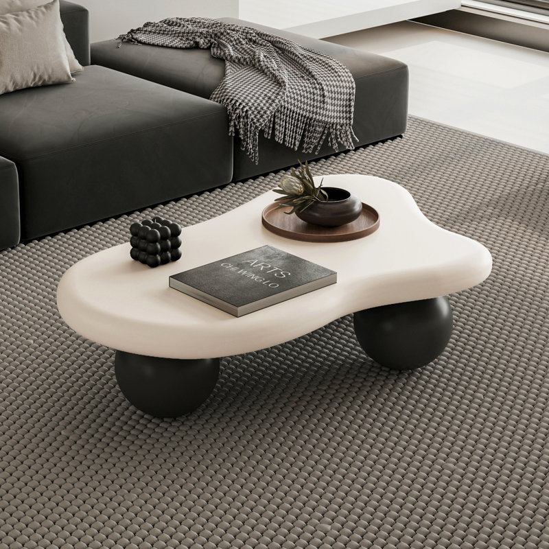 Table basse de 40 pouces en forme de nuage avec 3 pieds sphériques pour le salon, pieds blancs et pieds noirs, Blanc, Noir
