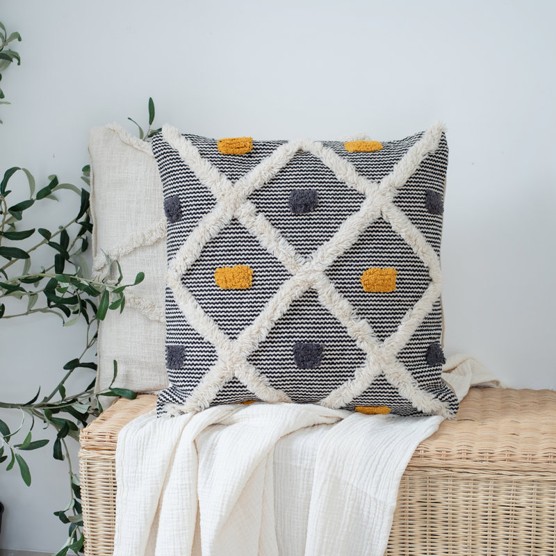 20'' Black and White Cotton Wool Tufted Throw Pillow