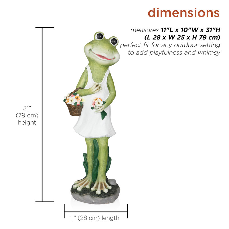 Statue de grenouille 31 po avec fleurs blanches pour jardin, patio et pelouse