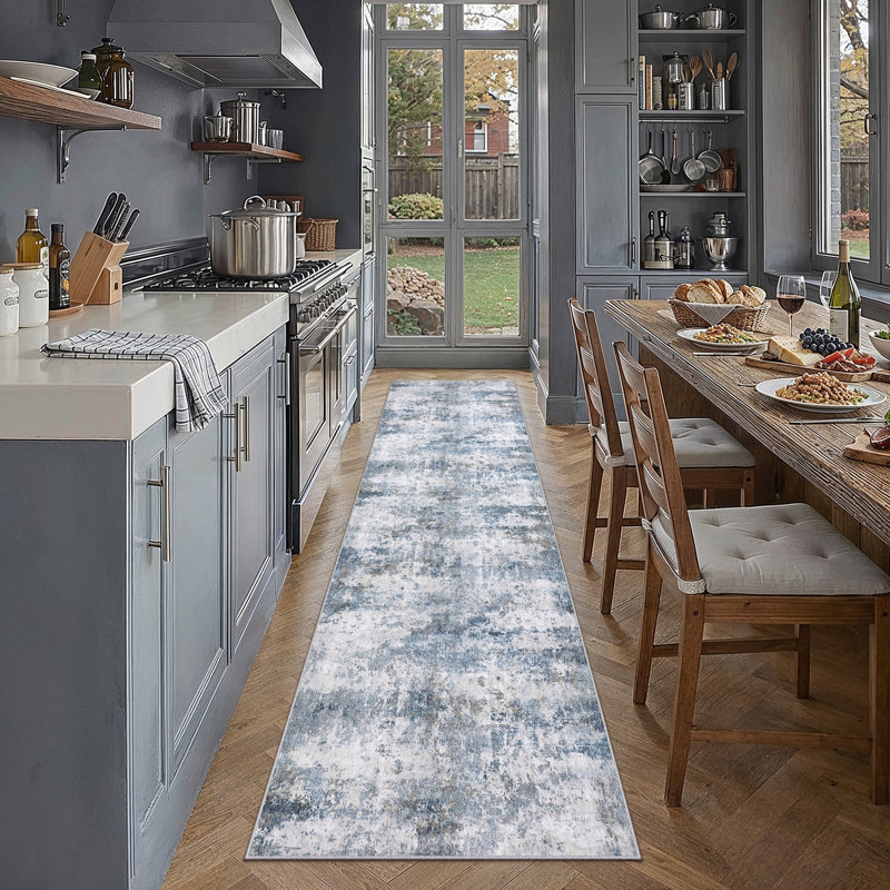 Tapis abstrait lavable à la machine avec envers antidérapant Elroy, 0.35", Blue, Rectangle 6 pi x 9 pi